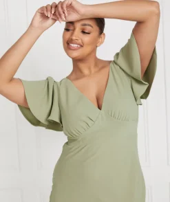 Flutter Sleeve V Neck Plunge Crepe Bridesmaid Dress - Sage