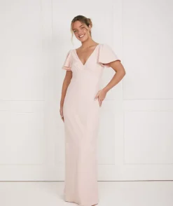 Flutter Sleeve V Neck Plunge Crepe Bridesmaid Dress - Blush