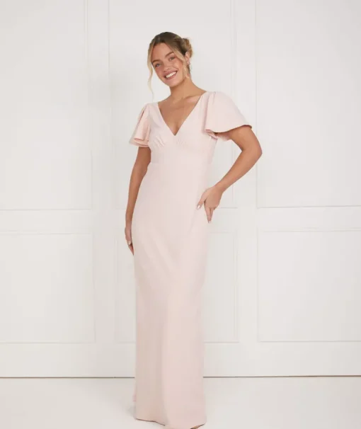 Flutter Sleeve V Neck Plunge Crepe Bridesmaid Dress - Blush