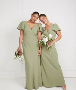 Flutter Sleeve V Neck Plunge Crepe Bridesmaid Dress - Sage