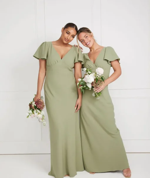 Flutter Sleeve V Neck Plunge Crepe Bridesmaid Dress - Sage