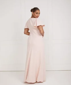 Flutter Sleeve V Neck Plunge Crepe Bridesmaid Dress - Blush