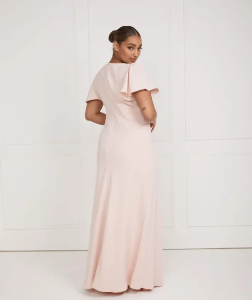 Flutter Sleeve V Neck Plunge Crepe Bridesmaid Dress - Blush