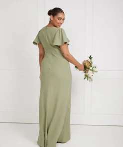 Flutter Sleeve V Neck Plunge Crepe Bridesmaid Dress - Sage