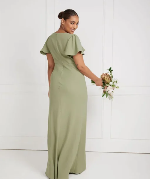 Flutter Sleeve V Neck Plunge Crepe Bridesmaid Dress - Sage