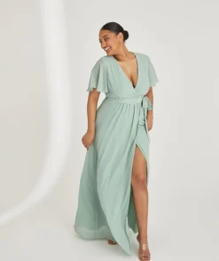 Flutter Sleeve Wrap Tie Chiffon Bridesmaid Dress - Sage