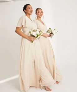 Flutter Sleeve Wrap Tie Chiffon Bridesmaid Dress - Butter Cream