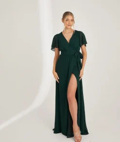 Flutter Sleeve Wrap Tie Chiffon Bridesmaid Dress - Emerald