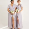 Flutter Sleeve Wrap Tie Chiffon Bridesmaid Dress - Dusty Lilac