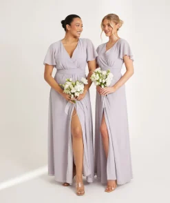 Flutter Sleeve Wrap Tie Chiffon Bridesmaid Dress - Dusty Lilac