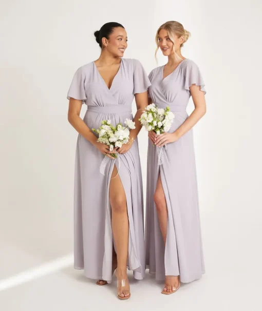Flutter Sleeve Wrap Tie Chiffon Bridesmaid Dress - Dusty Lilac