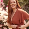 Flutter Sleeve Wrap Tie Chiffon Bridesmaid Dress - Rust