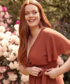 Flutter Sleeve Wrap Tie Chiffon Bridesmaid Dress - Rust