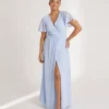 Flutter Sleeve Wrap Tie Chiffon Bridesmaid Dress - Cornflower Blue