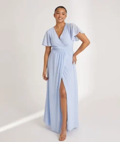 Flutter Sleeve Wrap Tie Chiffon Bridesmaid Dress - Cornflower Blue