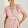 Flutter Sleeve Wrap Tie Chiffon Bridesmaid Dress - Peony Pink
