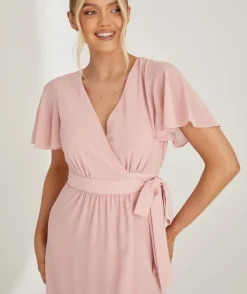 Flutter Sleeve Wrap Tie Chiffon Bridesmaid Dress - Peony Pink