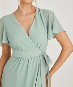 Flutter Sleeve Wrap Tie Chiffon Bridesmaid Dress - Sage