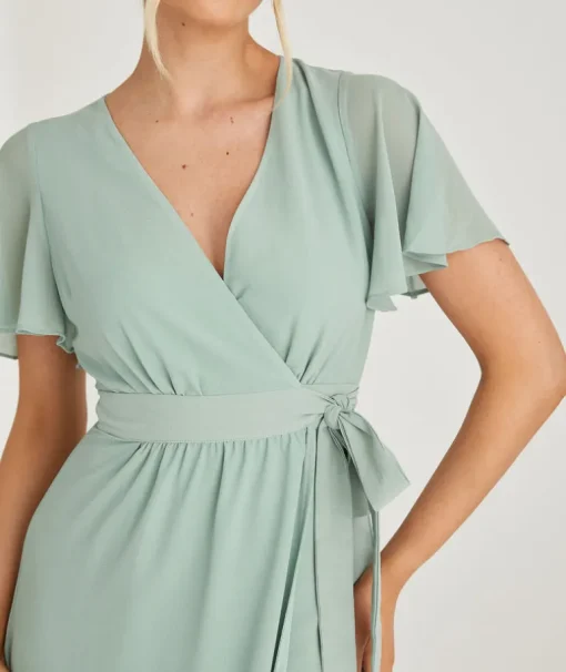 Flutter Sleeve Wrap Tie Chiffon Bridesmaid Dress - Sage