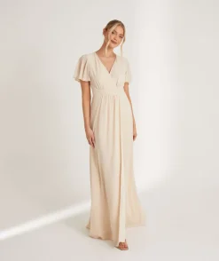Flutter Sleeve Wrap Tie Chiffon Bridesmaid Dress - Butter Cream