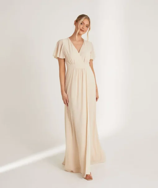 Flutter Sleeve Wrap Tie Chiffon Bridesmaid Dress - Butter Cream
