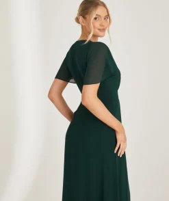 Flutter Sleeve Wrap Tie Chiffon Bridesmaid Dress - Emerald