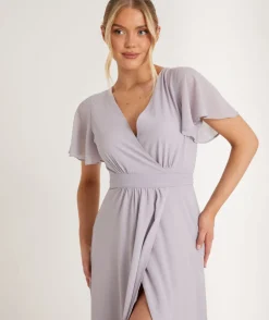 Flutter Sleeve Wrap Tie Chiffon Bridesmaid Dress - Dusty Lilac