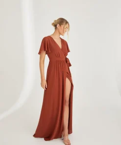 Flutter Sleeve Wrap Tie Chiffon Bridesmaid Dress - Rust
