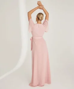 Flutter Sleeve Wrap Tie Chiffon Bridesmaid Dress - Peony Pink