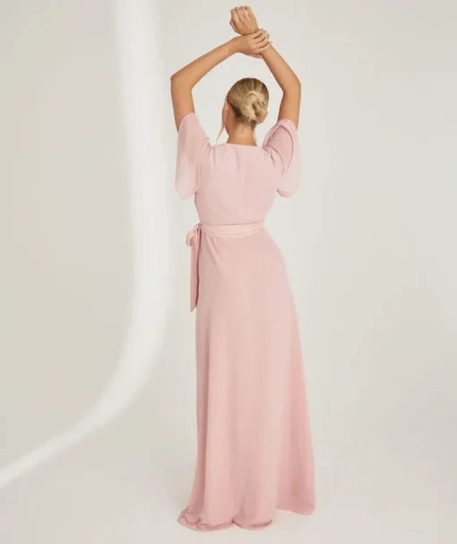 Flutter Sleeve Wrap Tie Chiffon Bridesmaid Dress - Peony Pink