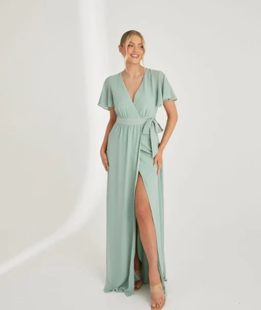 Flutter Sleeve Wrap Tie Chiffon Bridesmaid Dress - Sage