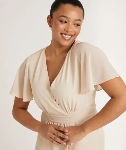 Flutter Sleeve Wrap Tie Chiffon Bridesmaid Dress - Butter Cream