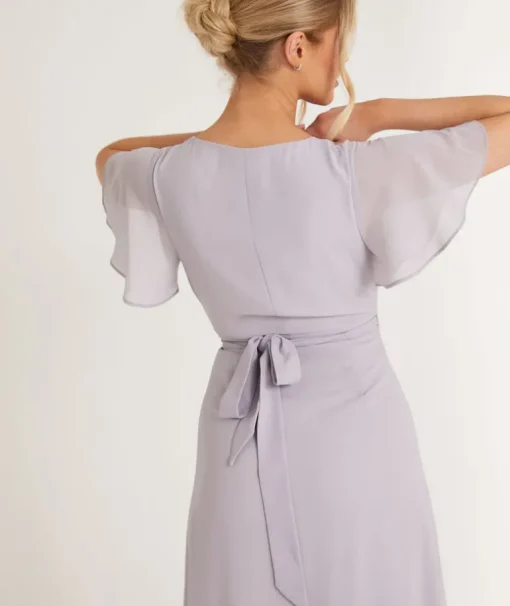 Flutter Sleeve Wrap Tie Chiffon Bridesmaid Dress - Dusty Lilac
