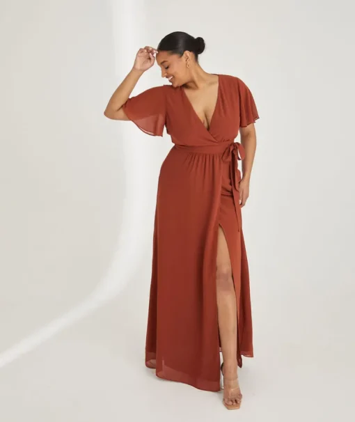 Flutter Sleeve Wrap Tie Chiffon Bridesmaid Dress - Rust