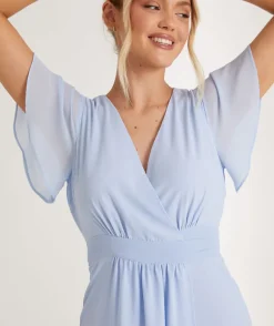 Flutter Sleeve Wrap Tie Chiffon Bridesmaid Dress - Cornflower Blue