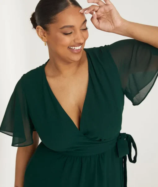Flutter Sleeve Wrap Tie Chiffon Bridesmaid Dress - Emerald