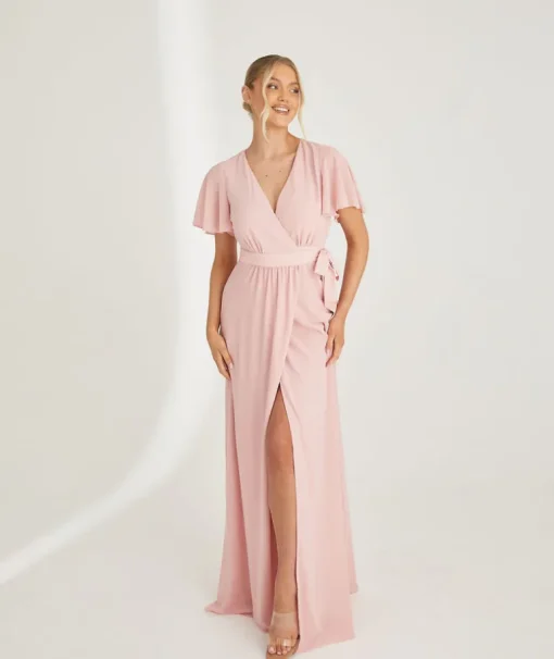 Flutter Sleeve Wrap Tie Chiffon Bridesmaid Dress - Peony Pink
