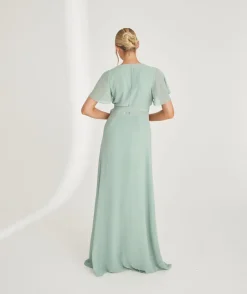 Flutter Sleeve Wrap Tie Chiffon Bridesmaid Dress - Sage