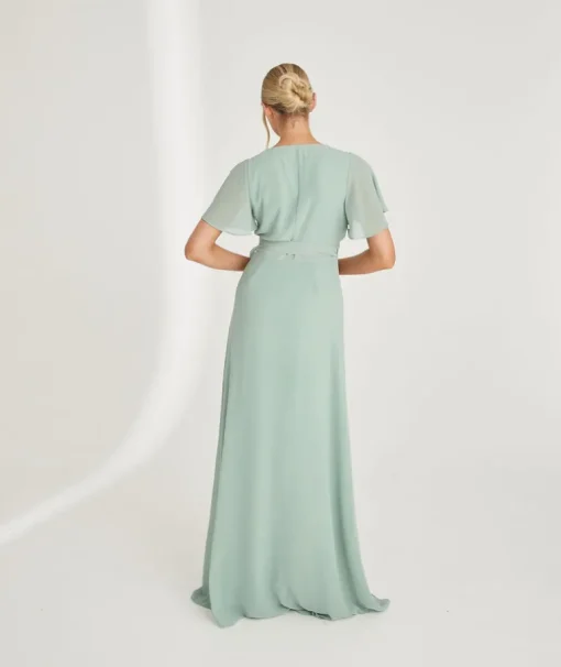 Flutter Sleeve Wrap Tie Chiffon Bridesmaid Dress - Sage