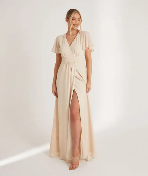 Flutter Sleeve Wrap Tie Chiffon Bridesmaid Dress - Butter Cream