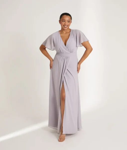 Flutter Sleeve Wrap Tie Chiffon Bridesmaid Dress - Dusty Lilac