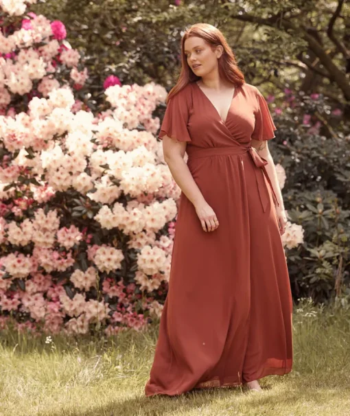 Flutter Sleeve Wrap Tie Chiffon Bridesmaid Dress - Rust