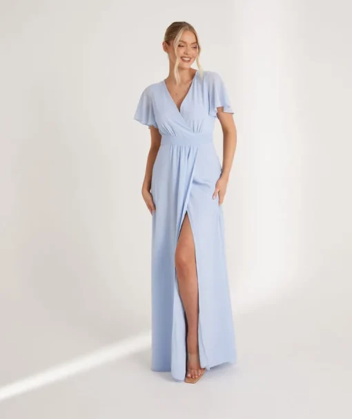 Flutter Sleeve Wrap Tie Chiffon Bridesmaid Dress - Cornflower Blue