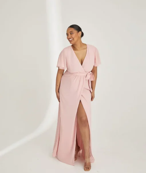 Flutter Sleeve Wrap Tie Chiffon Bridesmaid Dress - Peony Pink