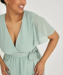 Flutter Sleeve Wrap Tie Chiffon Bridesmaid Dress - Sage