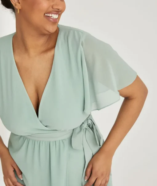 Flutter Sleeve Wrap Tie Chiffon Bridesmaid Dress - Sage