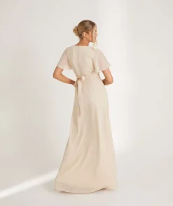 Flutter Sleeve Wrap Tie Chiffon Bridesmaid Dress - Butter Cream