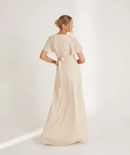 Flutter Sleeve Wrap Tie Chiffon Bridesmaid Dress - Butter Cream