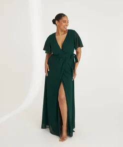 Flutter Sleeve Wrap Tie Chiffon Bridesmaid Dress - Emerald