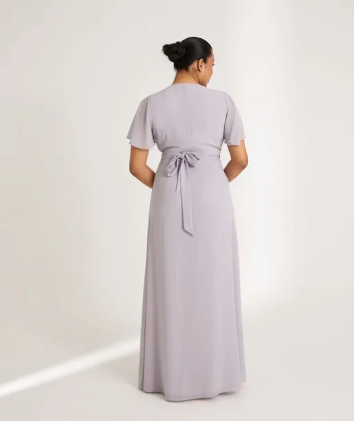 Flutter Sleeve Wrap Tie Chiffon Bridesmaid Dress - Dusty Lilac